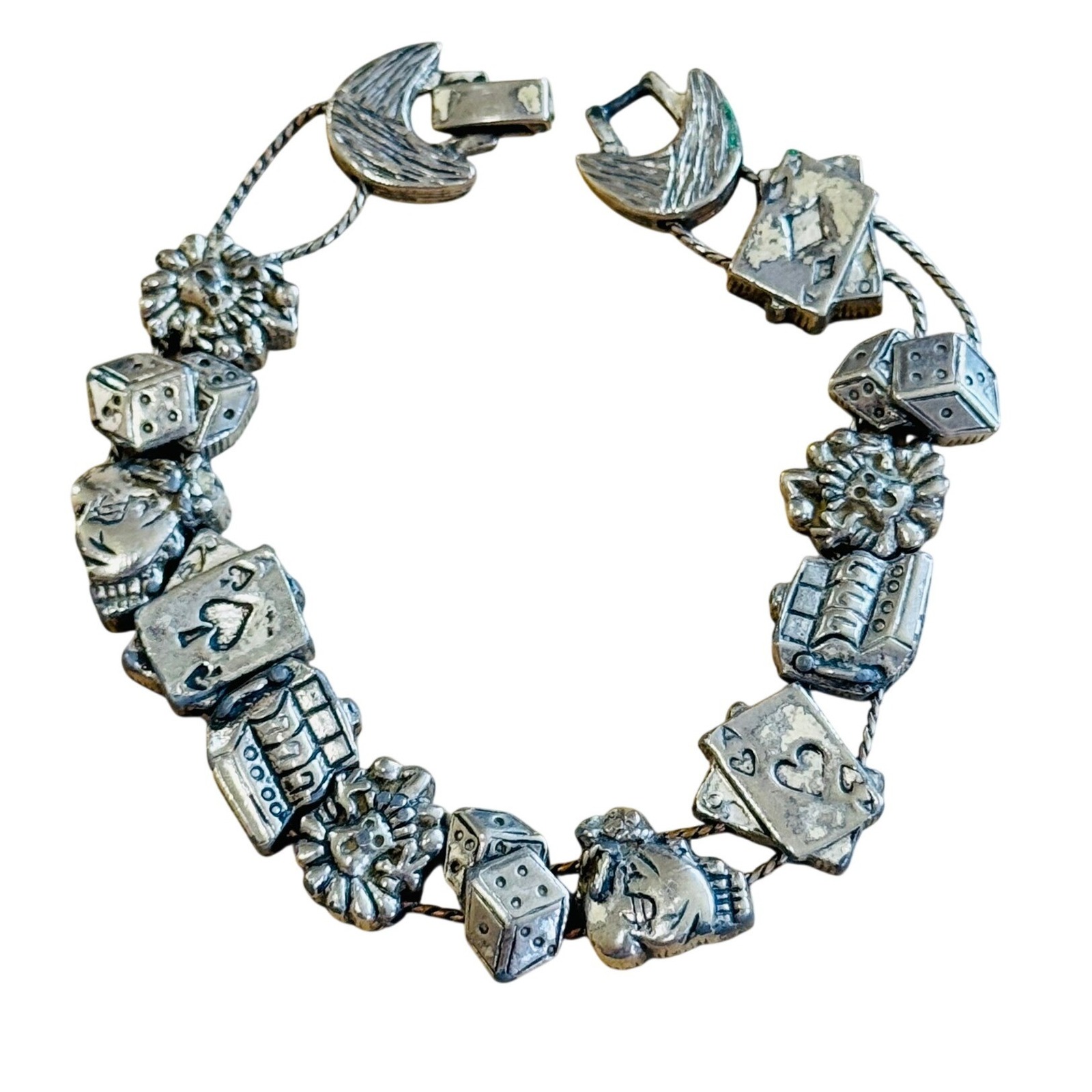 Vtg Tofa Gambling Casino Money Bag Dice Charm Slider Regal Bracelet Silver Tone